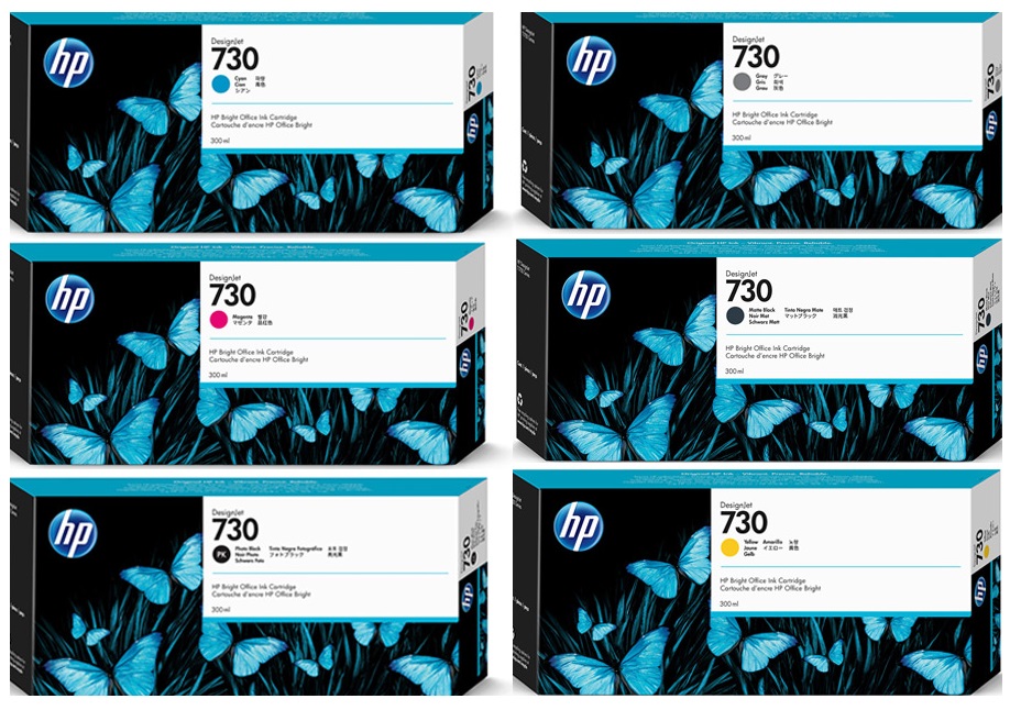 Tinta_HP_730_300ml Cartuchos de Tinta HP 730 - 300ml P2V68A Cian, P2V69A Magenta, P2V70A Amarillo, P2V71A Negro Mate, P2V72A Gris, P2V73A Negro Fotográfico. - Imagen 1